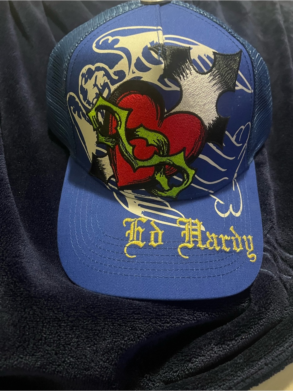 Ed Hardy Royal Blue Trucker Cap with Red Heart & Green Thorn Motif